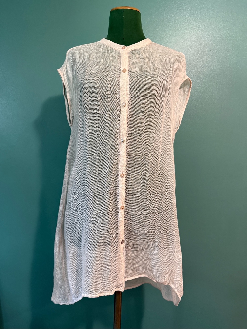 Eileen Fisher organic linen baby pink mesh long line button up vest/top